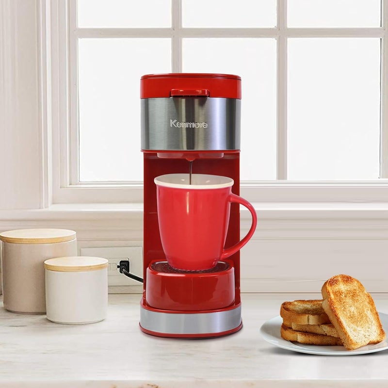 Koolatron Kenmore Single Serve Coffee Maker & Stainless Steel Travel Mug, Capsule/Pod & Ground Coffee Brewing, K Cup Compatible, Hot & Iced Coffee Machine, 6 to 14 Oz Brew Sizes, Auto Shut-Off, Red - Image 2